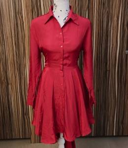 UNEVEN HEM RED SHIRT DRESS